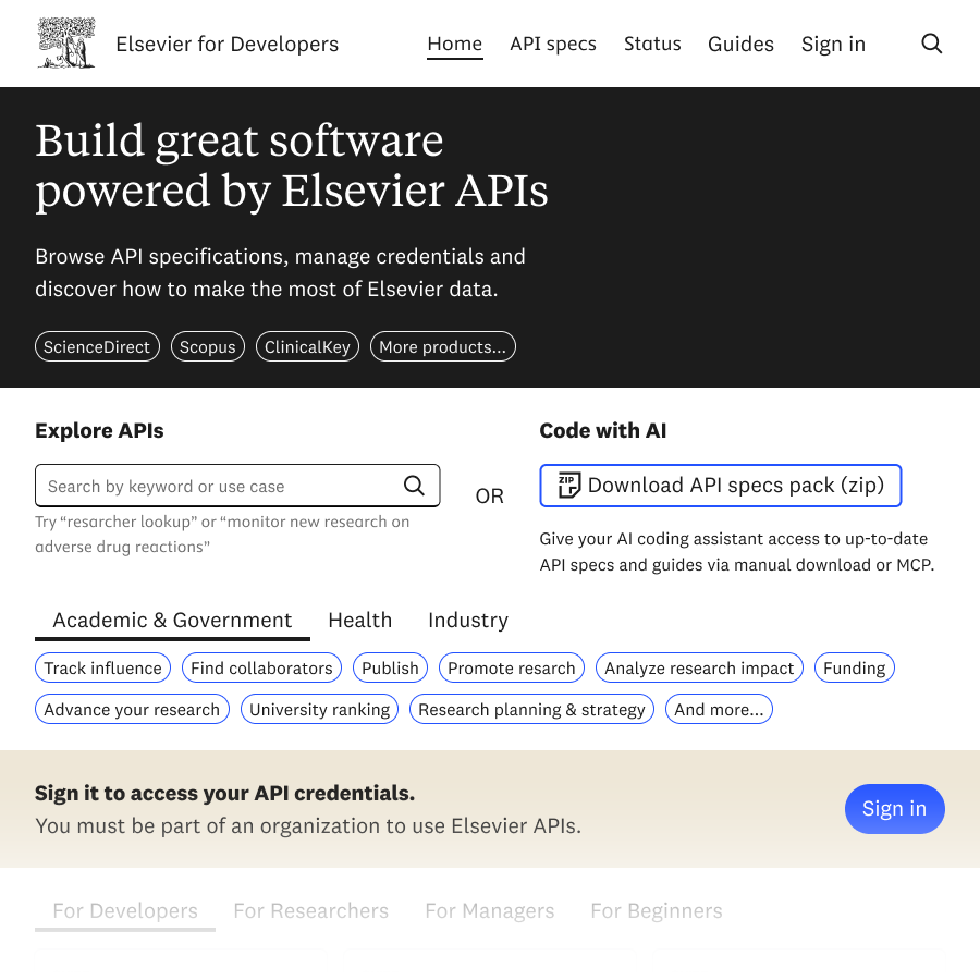 Elsevier Developer Hub: High-density API catalog and authentication endpoint registry